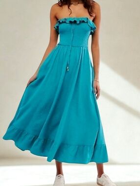 Free People Lush Life Linen Strapless Midi Dress in Niagra River